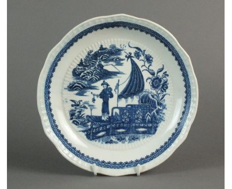 An unusually moulded Caughley plate transfer-printed with the Fisherman or Pleasure Boat pattern, circa 1780-90, unmarked, 21