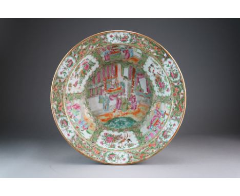 A large Chinese Canton famille rose punch bowl, 19th Century, of circular form with turned-out rim, decorated with panels of 