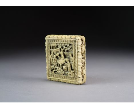 A Chinese Canton ivory puzzle and case, 19th Century, the case of square form and carved in relief front and back with scenes