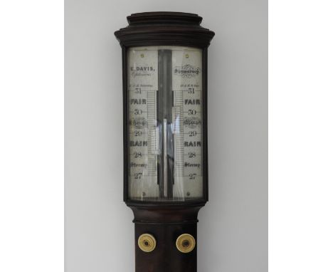 A mahogany stick barometer, 19th century, the bow front case with ivory scale and marked for E Davis, Optician, Shrewsbury, t