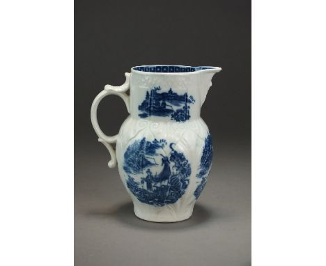 A Caughley mask head cabbage leaf jug transfer-printed in the Pleasure Boat pattern, circa 1785, unmarked, 14.5cm high