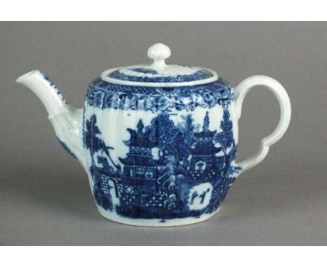 A Caughley teapot and cover transfer-printed with the Pagoda pattern, circa 1785-95, S mark, 15cm high (chipped cover, repair