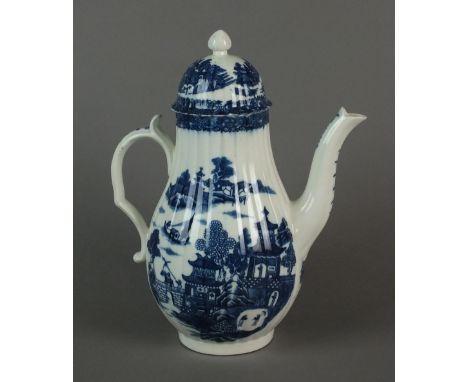 A Caughley lobed coffee pot and cover transfer-printed in the Temple pattern, circa 1785, S mark, 26cm high (cover repaired)E