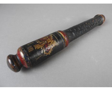 An early Victorian truncheon, dated 1838, painted with a crown and V R and no. IV above the crown, painted 1838 within a laur