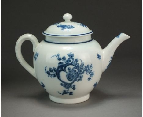 A Caughley teapot and cover transfer-printed with the Sliced Apple pattern, circa 1784-92, S mark, 13.5cm high (glaze flake t