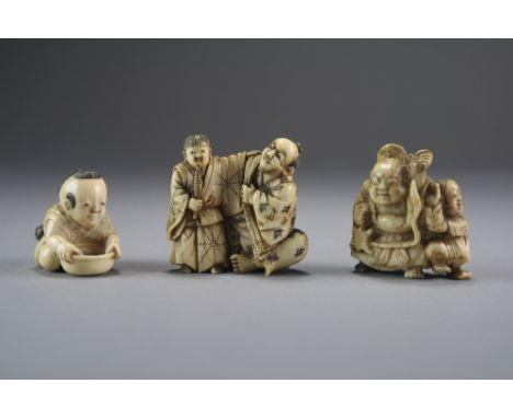 Three Japanese netsuke, Meiji period, the first modelled as an infant kneeling with a bowl, 3cm, the second as a seated farme