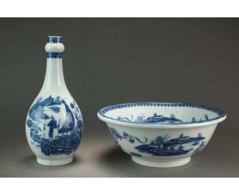 A Caughley guglet and wash stand bowl transfer-printed in the Fisherman or Pleasure Boat pattern, circa 1780-92, S mark, gugl