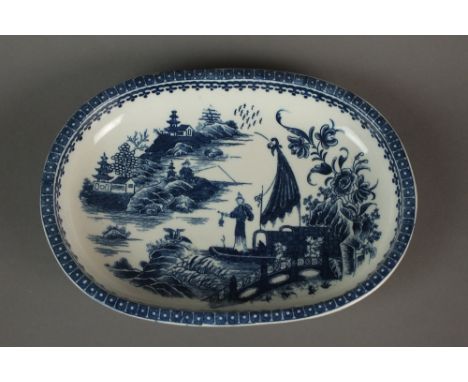 A Caughley oval baking dish transfer-printed in the Pleasure Boat pattern, circa 1780-90, impressed Salopian mark, 24.5cm wid