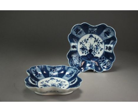 A pair of Caughley square form powder blue dessert dishes in the Holed or Flaming Rock design, circa 1778-80, 20cm wide (2)