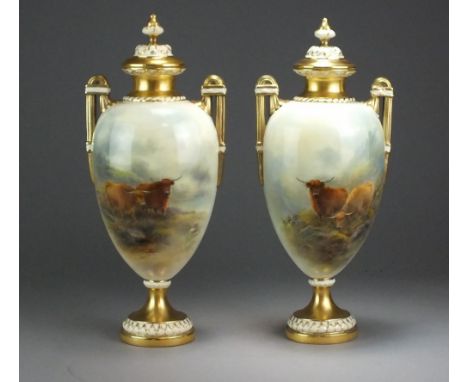 A pair of Royal Worcester twin-handled vases and covers painted by John Stinton with Highland Cattle,, the reverses painted w