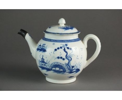 A rare Caughley teapot and cover painted with the Bridge and Windmill pattern, circa 1780, S mark, 15.5cm highWright Collecti