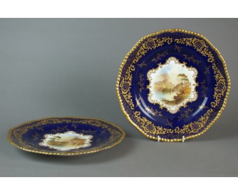 A pair of Coalport landscape painted plates, circa 1880, 'Kilchurn Castle' and 'Ben Venue', printed, impressed and painted ma