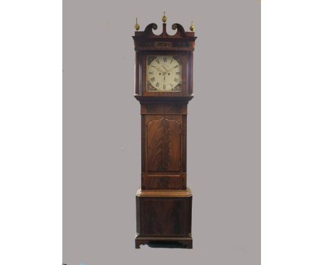 Wignall, Ormskirk, an early 19th century mahogany longcase clock the hood with broken scrolls, swan neck pediments surmounted