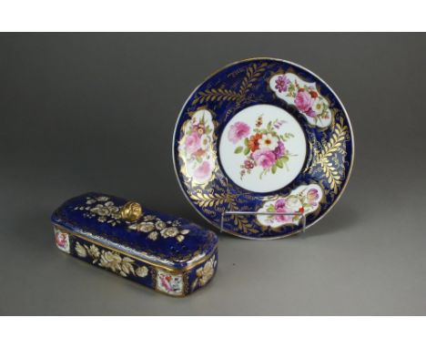 A Coalport rectangular cobalt box and cover painted with flowers and gilt, circa 1820-40, the cover with pierced holes and fl