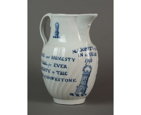 A rare blue and white 'John Hill' election jug c.1796, Caughley or early John Rose Coalport, each side inscribed 'Honour and 