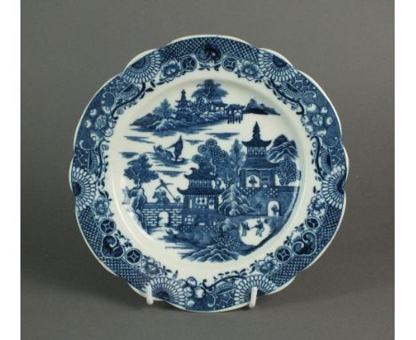 A Caughley dessert plate transfer-printed in the Temple pattern, circa 1784-92, Sx mark, 20.2cm diameter (central star crack)