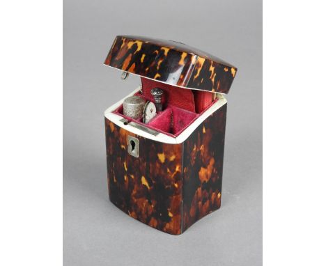 A lady's tortoiseshell cased sewing kit, 19th century, the rectangular case with waisted sides and sloping cover enclosing a 