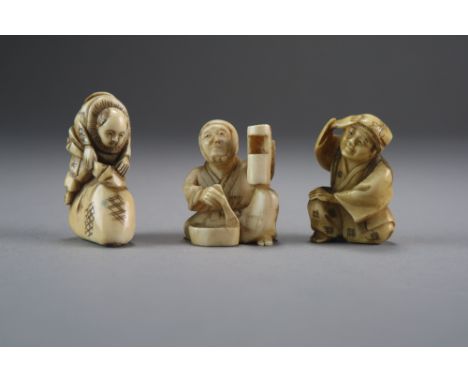 Three Japanese ivory netsuke, Meiji period, modelled as a farmer standing on a bag of rice, 4.5cm, a seated farmer, 4cm and a