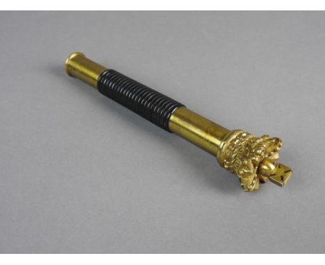 A Victorian lacquered brass and ebony tip staff with screw mounted crown finial and ribbed handle, 18.5cm 