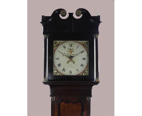 R Pugh, Newtown, a George III oak and mahogany cross banded cottage longcase clock, the square hood with broken swan neck ped