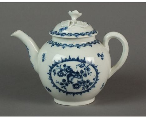 A Caughley teapot and cover transfer-printed in the Fruit and Wreath pattern, circa 1780, the cover with a floral finial, C m