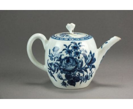 A Worcester porcelain teapot and cover transfer-printed in the Rose Centred Spray pattern, circa 1765-75, open crescent mark,