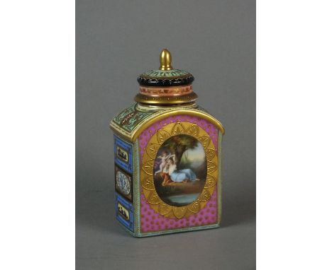A Vienna style porcelain tea caddy and cover. painted with Classical style panels, titled 'Amor fesselte Agleia' and 'Astiana