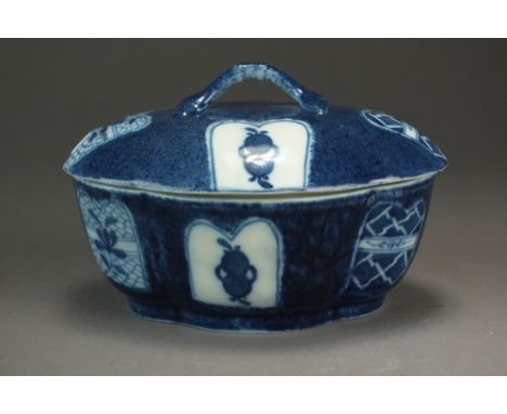 A Caughley tureen and cover, circa 1780-85, decorated with a design of Precious Objects (taken from the Holed Rock Design), S