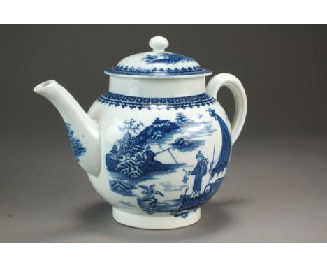 A Caughley teapot and cover transfer-printed in the Pleasure Boat pattern, circa 1785, S mark, 12.5cm highWright Collection n