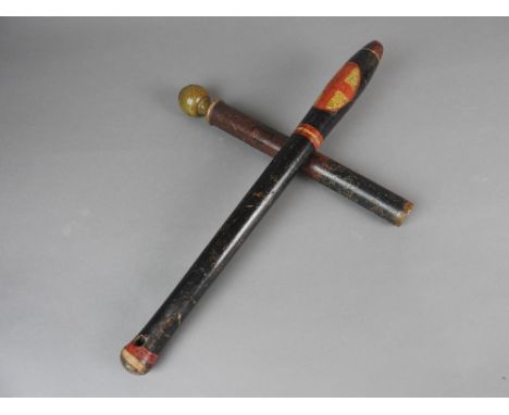An early Victorian police truncheon or nightstick, 19th century, painted with a red cross within red bands, 51cm long and a m
