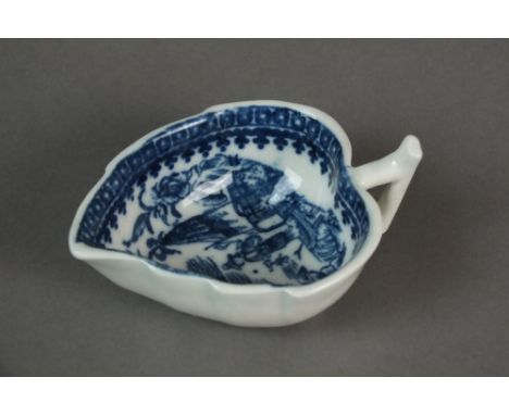 A Caughley geranium leaf butter boat transfer-printed in the Fisherman pattern, circa 1790, unmarked, 8cm long