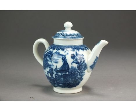 A Caughley toy teapot and cover transfer-printed in the Pleasure Boat pattern, circa 1785, Sx mark, 8.5cm high (minute chip t