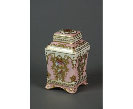 A Coalport jewelled tea caddy and cover, early 20th century, the pink ground with agate style decoration, green printed mark,