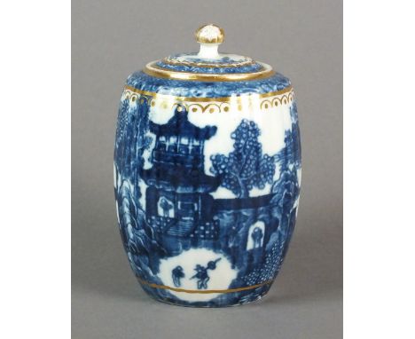 A Caughley tea canister and cover transfer-printed in the Temple pattern, with additional gilding, circa 1785-90, Sx mark, 12