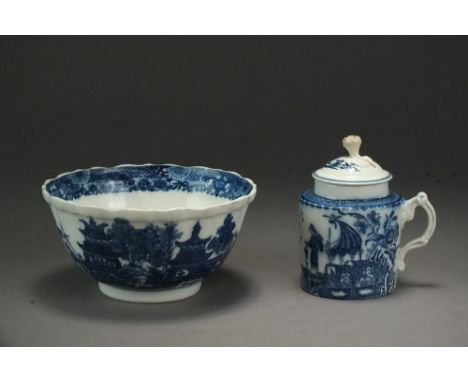 A Caughley mustard pot and cover transfer-printed with the Fisherman pattern, unmarked, 9.5cm high and a Caughley blue and wh