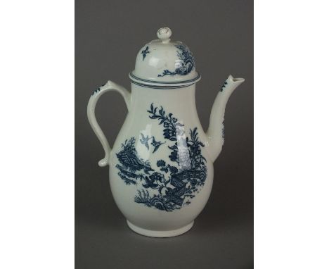 A Caughley coffee pot and cover transfer-printed in the Fence pattern, circa 1777-90, the cover with flower form finial, C ma