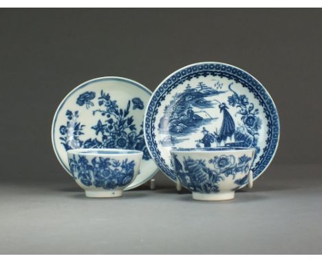 Two half-size Caughley tea bowls and saucers, transfer-printed in the Fisherman and Three Flowers patterns, circa 1770-88, S 