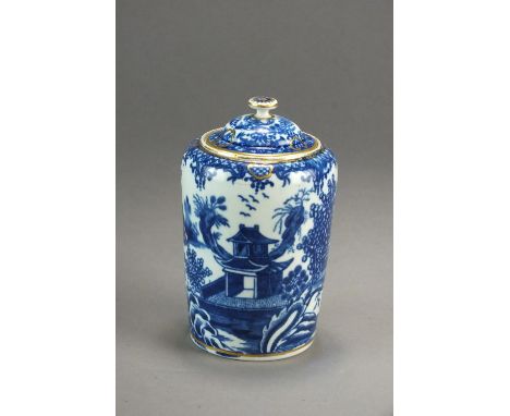 A Worcester tea canister and cover transfer-printed in The Argument pattern, circa 1775-85, with some additional gilding (rub