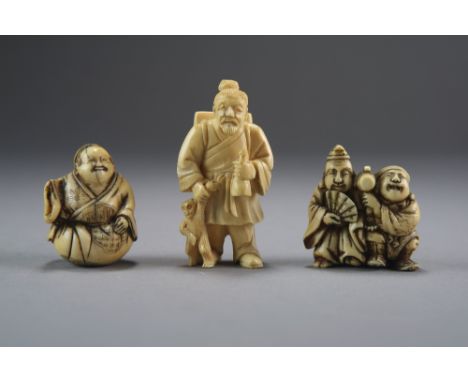 Three Japanese ivory netsuke, Edo/Meiji period, the first modelled as Daikokuten and attendant, 3.5cm, the second a seated ac