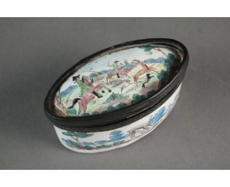 An oval enamel patch box of Bilston type, 18th century, painted with hunting scenes of horses, riders and stags, 6.3cm wide (