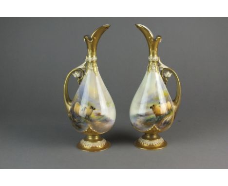 A pair of Royal Worcester ewers painted with sheep by Harry Davis, signed, printed factory marks, 29cm high