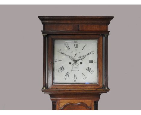 J Twigg, Burslem, a George III oak and mahogany crossbanded cottage longcase clock. the square hood with 13 inch white painte