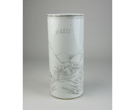 A Chinese porcelain cylinder Vase, Republic Period, decorated en grisaille with a pavillion in a mountainous landscape beneat