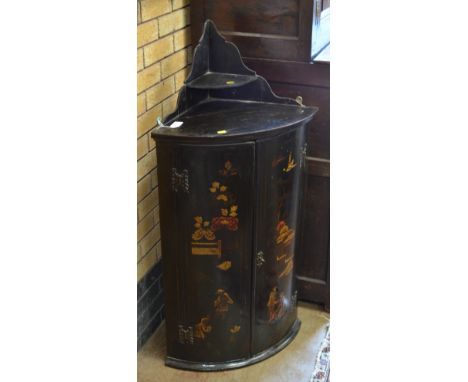A George II blue/green Japanned hanging Corner Cupboard with upstanding open shelf above, 3ft 11in H