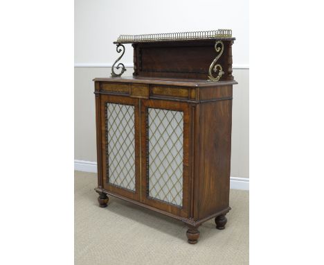 A Regency rosewood Chiffonier with brass gallery above low shelf having scroll supports, two short drawers and pair of doors 