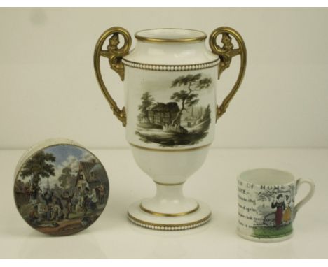 A Regency Spode Vase, pottery child's Mug and Prattware Potlid, the vase decorated in sepia landscapes in pattern 382, gilt h