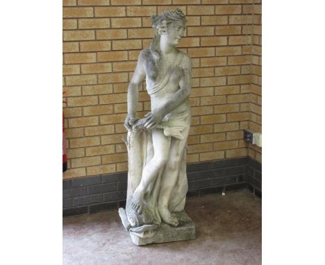 A pair of Garden Figures of Lady and bearded Gentleman, each standing on a dolphin with trident tail, on square bases, 4ft 11