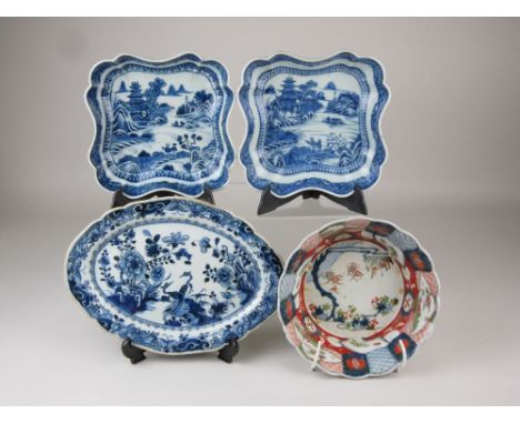 An 18th Century Chinese blue and white Meat Platter, together with a Japanese Imari Bowl and a pair of Chinese blue and white