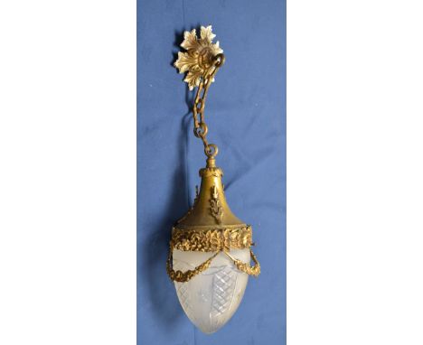 A French gilt metal Ceiling Light with rose and swag decoration and etched frosted glass shade, 15in L