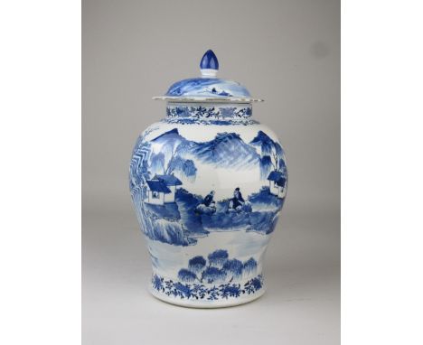 A 19th Century Chinese blue and white porcelain baluster Jar and Cover, painted with scholars in ornamental landscapes, Kangx